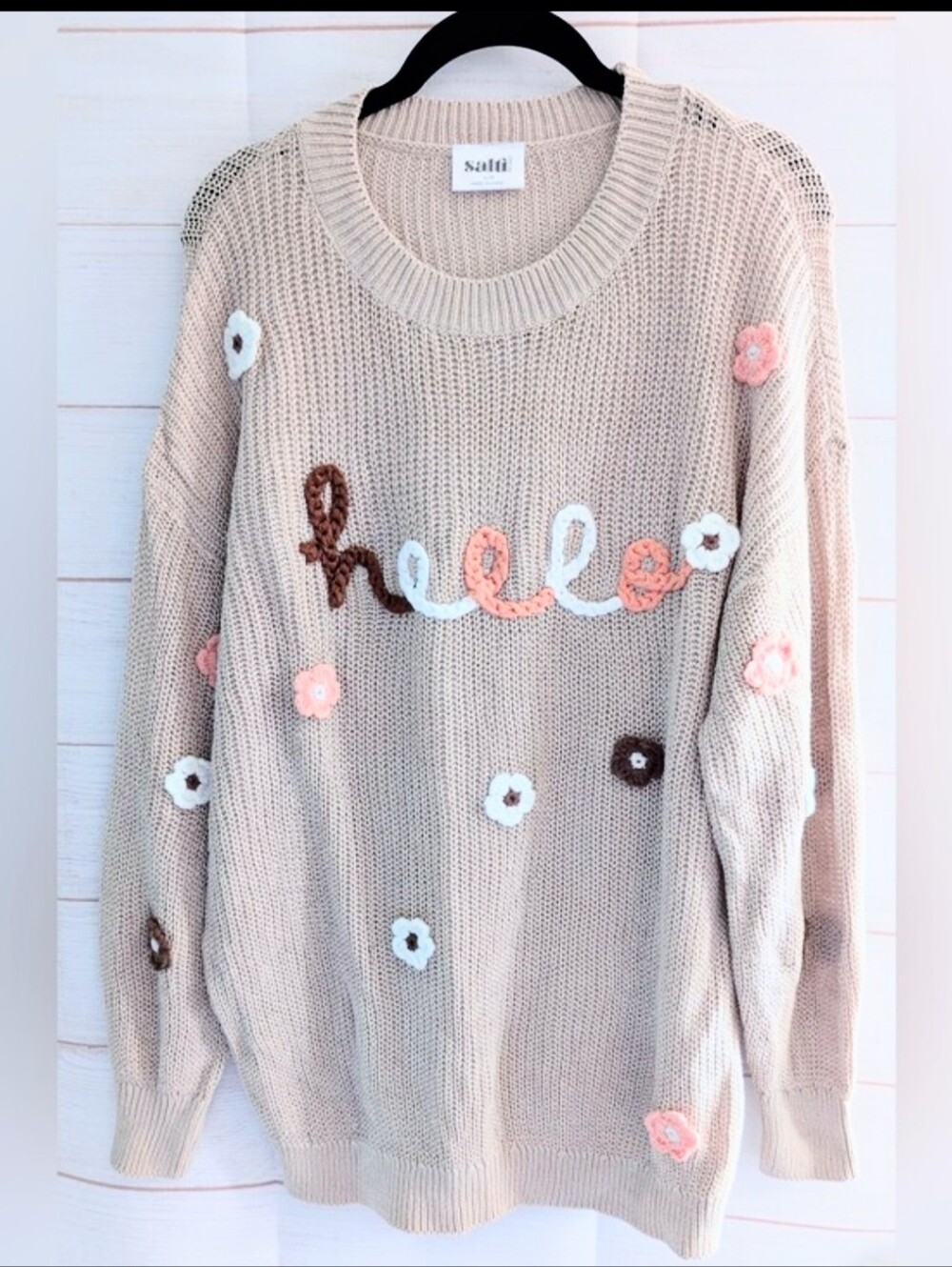 Nwot Salti Road Cream Knit Sweater With Crochet Flowers Super Adorable 🤩 Size L